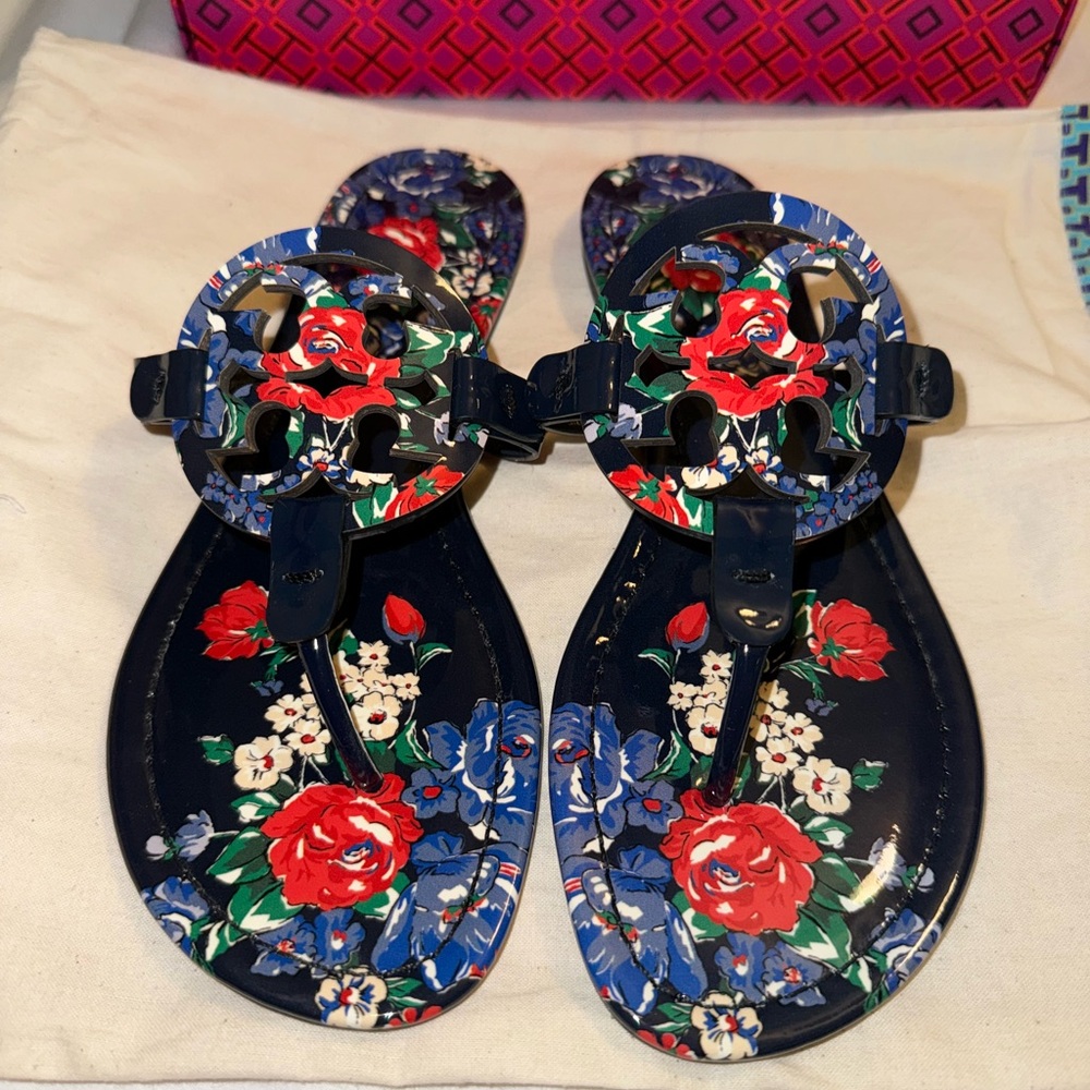 Tory Burch Blue and Red Floral Sandals